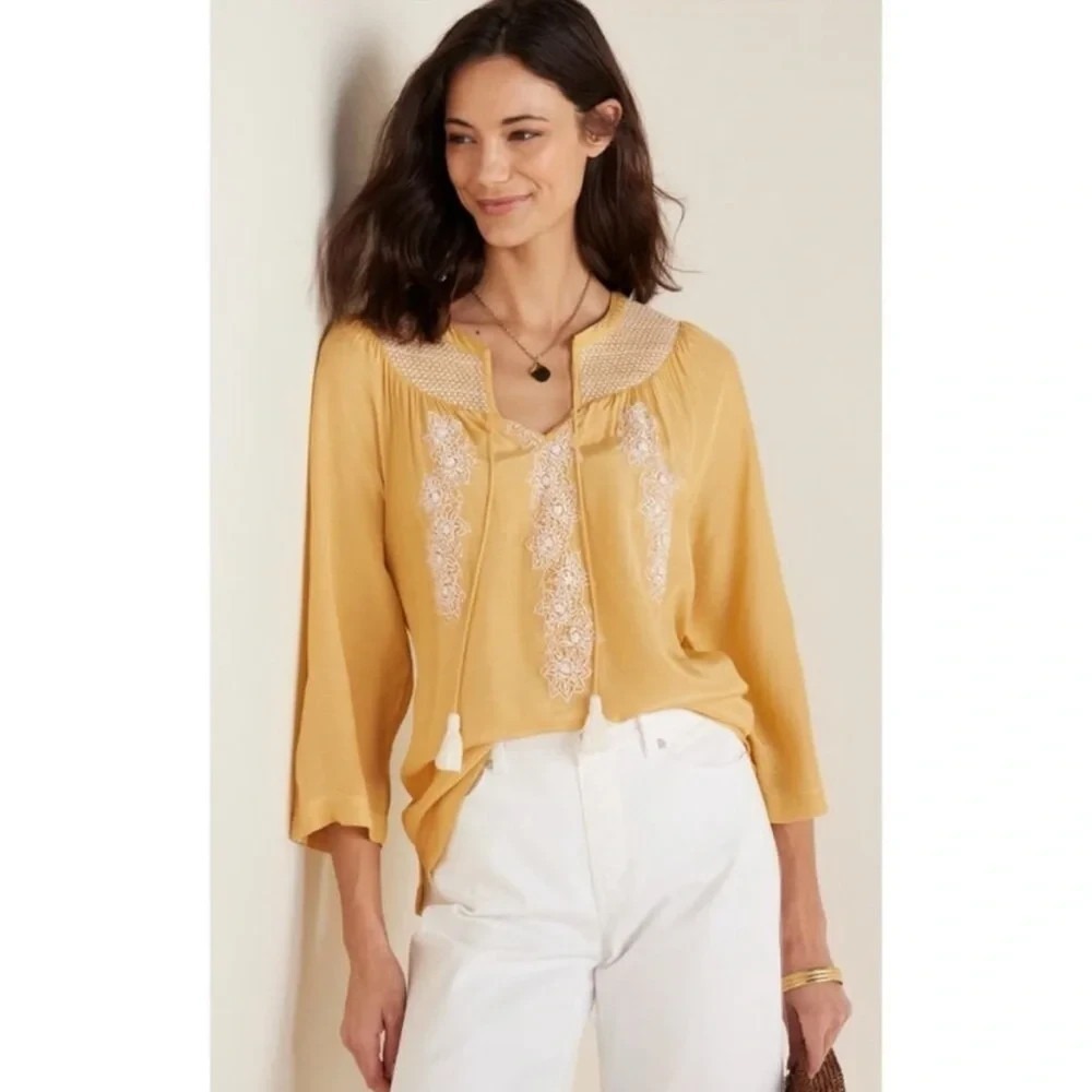 Soft Surroundings Lauralin Top Sz L Embroidered Lightweight Boho Beaded Feminine
